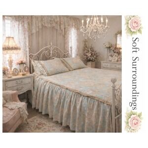 Soft Surroundings Linen Blue Beige Floral Skirted Queen Coverlet 2 Pillow Shams